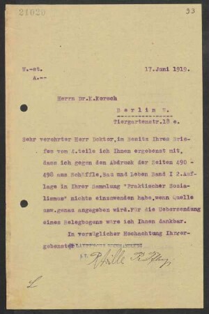 Korrespondenz zwischen Karl Korsch und J.C.B. Mohr (Paul Siebeck), 17.03.1919-17.06.1919