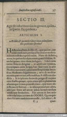 Secto III. Agit de odoribus tàm in genere, quàm in specie. Et quidem