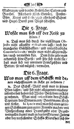 Die 6 . Frage. Was man uff dem Schiffe mit denen Schiffleuten in Acht zu nehmen?