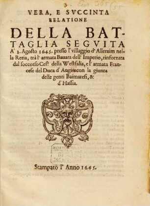 Vera ... Relatione della battaglia presso Alleraim