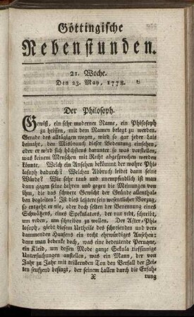 21. Woche. Den 23. May, 1778