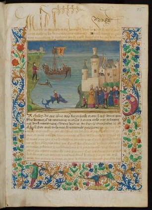 Vollbordürenseite mit Miniatur (Geschichte Arions von Mithymna) und bewohnter Blattrankenbordüre