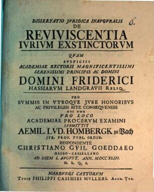 Diss. ... inaug. de reviviscentia iurium extinctor.