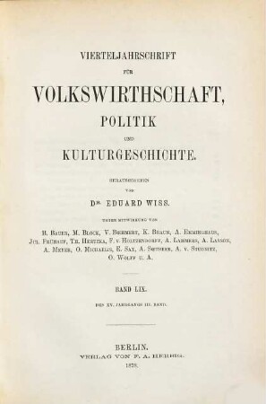 Vierteljahrschrift für Volkswirtschaft, Politik und Kulturgeschichte. 15,3 = Bd. 59. 1878