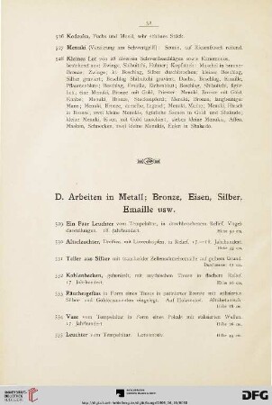 D. Arbeiten in Metall; Bronze, Eisen, Silber, Emaille usw. (Nr. 529-615)