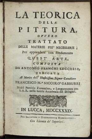 La Teorica Della Pittura : Ovvero Trattato Delle Materie Piu' Necessarie ; Per apprendere con fondamento Quest' Arte