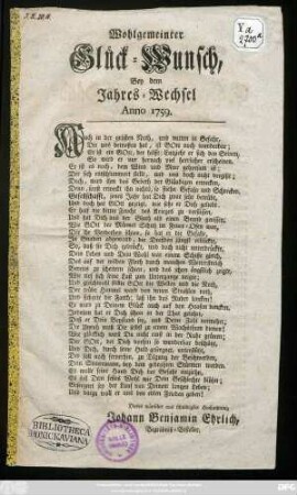 Wohlgemeinter Glück-Wunsch Bey dem Jahres-Wechsel 1759. : Dieses Wünschet ... Johann Benjamin ehrlich, Begräbnß-Besteller