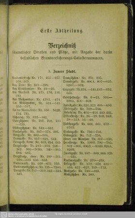 Verzeichniß sämmtlicher Straßen und Plätze, mit Angabe der darin befindlichen Brandversicherungs-Catasternummern
