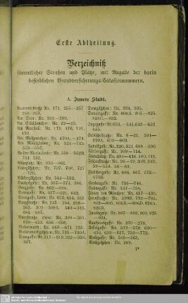 Verzeichniß sämmtlicher Straßen und Plätze, mit Angabe der darin befindlichen Brandversicherungs-Catasternummern
