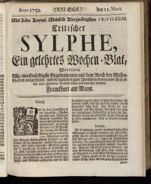 (XXI. Stück.) den 11. Martii. Anno 1752.