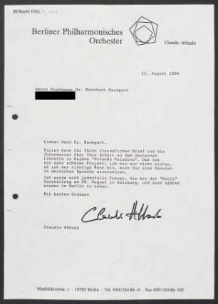 Brief an Reinhard Baumgart, 11.08.1994