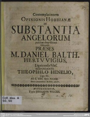 Contemplationem opinionis Hobbianae de substantia angelorum