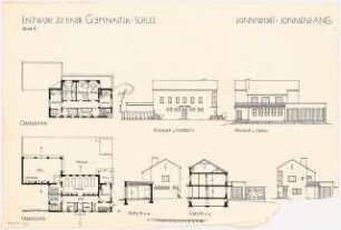 Gymnastikschule am See Monatskonkurrenz Dezember 1932: Grundriss Erdgeschoss, Obergeschoss, Aufriss Nordansicht, Südansicht, Seitenansicht, 2 Längsschnitte 1:150; Maßstabsleiste
