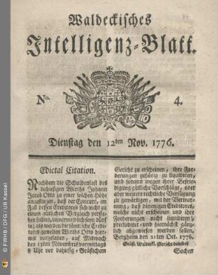 No. 4. Dienstag den 12ten Nov. 1776