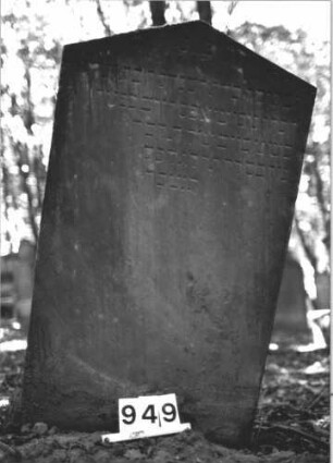 Grabstein 949 (Index: 99899467) Material: Sandstein Zustand: gut erhalten, unten verwittert Maße HxBxT: 118x68x14 cm Beschreibung: Stele mit Dreiecksabschluss: Grabstein 949