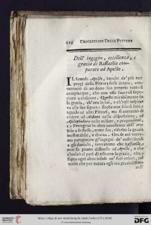 Dell' ingegno, eccellenza, e grazia di Raffaele comparato ad Apelle