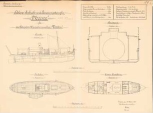 Schlepp-, Eisbrech- und Bereisungsdampfer »Moewe« der Wasserbauinspektion, Verden: Ansicht, Grundriss, Schnitte 1:75