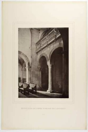 Die Empore im Westen des Langhauses in der Stiftskirche des Klosters Wechselburg (ursprünglich Kloster Zschillen) an der Zwickauer Mulde in Mittelsachsen, Blatt 36 aus: Monumente des Mittelalters und der Renaissance ... von 1875