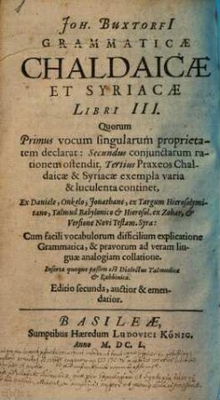 Joh. Buxtorfi Grammaticae Chaldaicae et Syriacae libri III