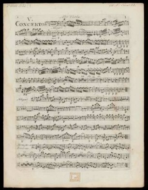 Deux concertos à violon principale, premier et second violons, alto et basse, hautbois et cors. Alto viola : opera V