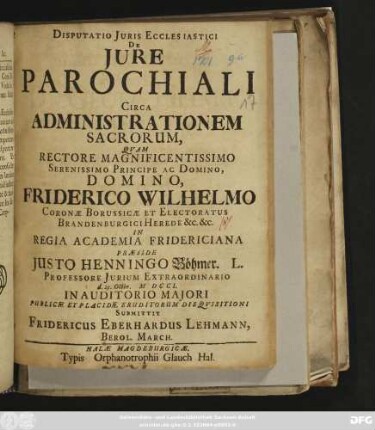 Disputatio Juris Ecclesiastici De Jure Parochiali Circa Administrationem Sacrorum