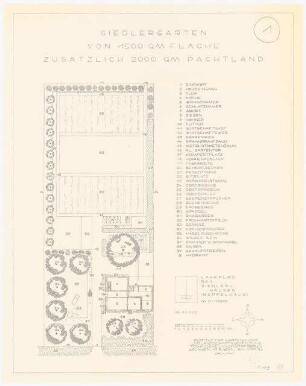 Siedlergarten 1500 qm: Lageplan 1:1000, Grundriss 1:100
