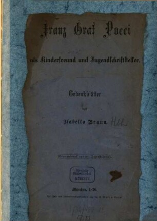 Franz Graf Pocci als Kinderfreund und Jugendschriftsteller : Gedenkblätter