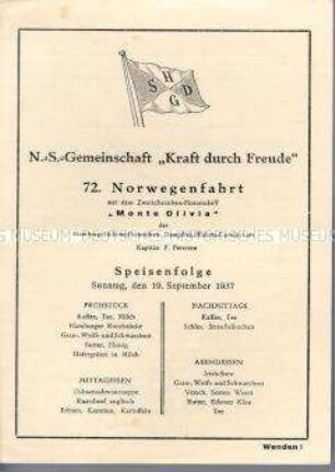 Speiseplan und Tagesprogramm für den 19. September - Sachkonvolut