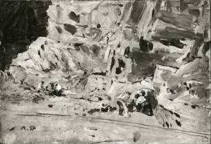 Steinbruch mit zwei Arbeitergruppen : Sterl, Robert: Steinbruch mit zwei Arbeitergruppen. Öl/Pappe; 22 x 31,7 cm. 1908. Dresden: Galerie Neue Meister 2722