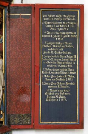 Marientod-Retabel — Rechte Schrifttafel mit Angaben zu den nächsten Angehörigen des Stifters