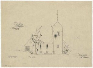 Gsaenger, Gustav; Rieden / Oberpfalz (Bayern); Ev. Kirche, Pfarrhaus - Ev. Kirche, Südwestseite (Ansicht)