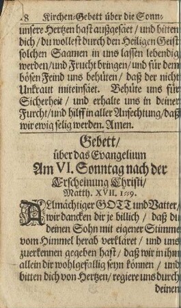 Gebett über das Evangelium Am VI. Sonntag nach der Erscheinung Christi/ ...