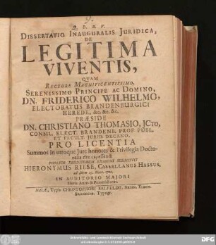 Dissertatio Inauguralis Iuridica, De Legitima Viventis