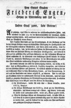 Dekret von Herzog Friedrich Eugen an seine Amtleute mit Anweisungen für das Herbstgeschäft