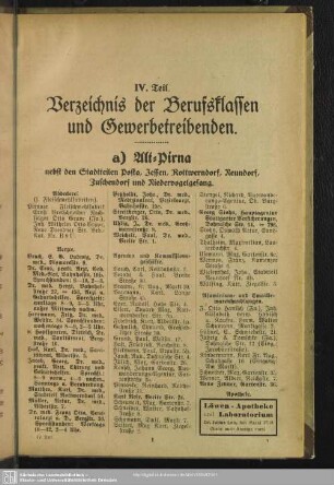 IV. Teil. Berufsklassen und Gewerbebetriebe : IV. Teil. Verzeichnis der Berufsklassen und Gewerbetreibenden