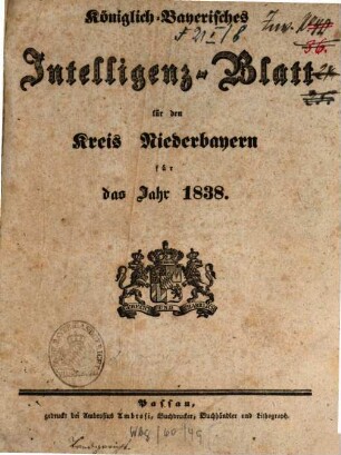 Königlich Bayerisches Intelligenzblatt von Niederbayern. 1838
