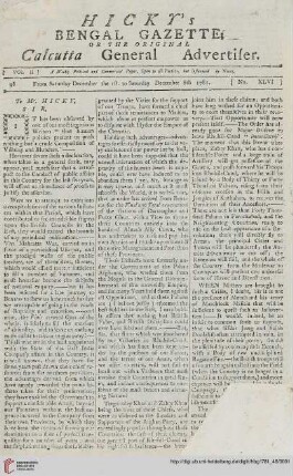 46: Hicky's Bengal gazette, or The original Calcutta general advertiser