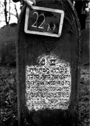 Grabstein 22 (Index: 100111048) Material: Sandstein Zustand: verwittert mit Textverlust Maße HxBxT: 110x46x14 cm Beschreibung: Stele, Spitzbogenabschluß, Schriftfeld eingetieft Symbolik: Maßwerk, Blatt: Grabstein 22R-F