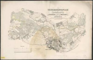 Uebersichtsplan vom Inundationsgebiete der Gewässer bei und in der Umgegend von Leipzig, ca. 1:12 000, Kupferstich, 1855 : Uebersichtsplan vom Inundationsgebiete der Gewässer bei und in der Umgegend von Leipzig / zusammengestellt nach der von ... Kohl und Georgi ... 1852-1854 aufgenommenen Flussregulierungskarte. - [Ca. 1:12 000]. - Leipzig : Kunsch , [ca. 1855]. - 1 Kt. : col. Kupferst. ; Blattgr. 108 x 75 cm, gefaltet