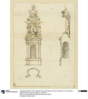 Ziborium des Hochaltars von Gesú e Maria am Corso, Aufriss, Seitenansicht, Grundriss
