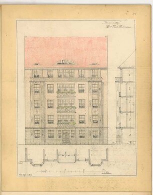 Mietshausfassade, Berlin Monatskonkurrenz Januar 1911: Aufriss Straßenansicht 1:100; Maßstabsleiste