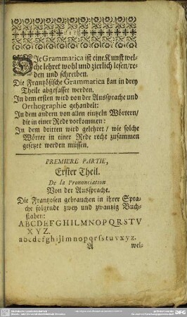 Premiere Partie, Erster Theil. De la Prononciation Von der Aussprache