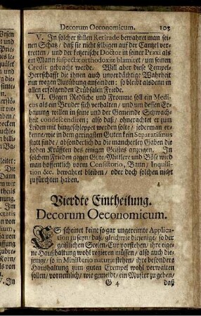 Vierdte Eintheilung. Decorum Oeconomicum.