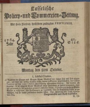 41. Stueck, Montag den 8ten October 1764