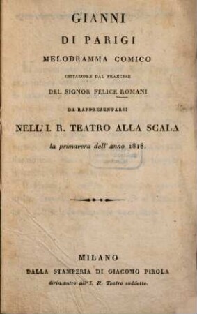 Gianni di Parigi : Melodramma comico ; Imitazione dal franc.