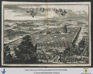 Kupfertafel: Ansicht der Stadt Babylon mit Turm, Obelisken, „hängenden Gärten“ und Euphratbrücke.