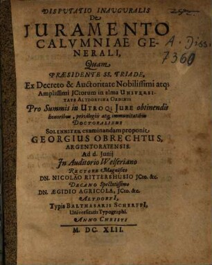 Disputatio Inauguralis De Juramento Calvmniae Generali