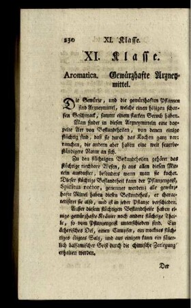 XI. Klasse. Aromatica. Gewürzhafte Arzneymittel.