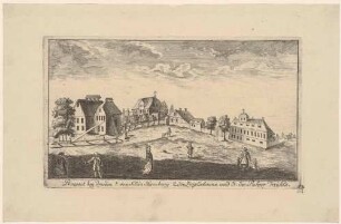 Ansicht der Pulvermühle, der Ziegelscheune und von Klein-Hamburg südwestlich von Dresden (Drescherhäuser in Löbtau), Teil einer Reihe Dresdner und sächsischer Ansichten von Schlitterlau um 1770