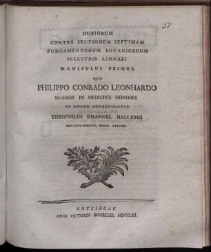 Manipulus 1: Dubiorum Contra Sectionem Septimam Fundamentorum Botanicorum Illustris Linnaei Manipulus. Manipulus Primus